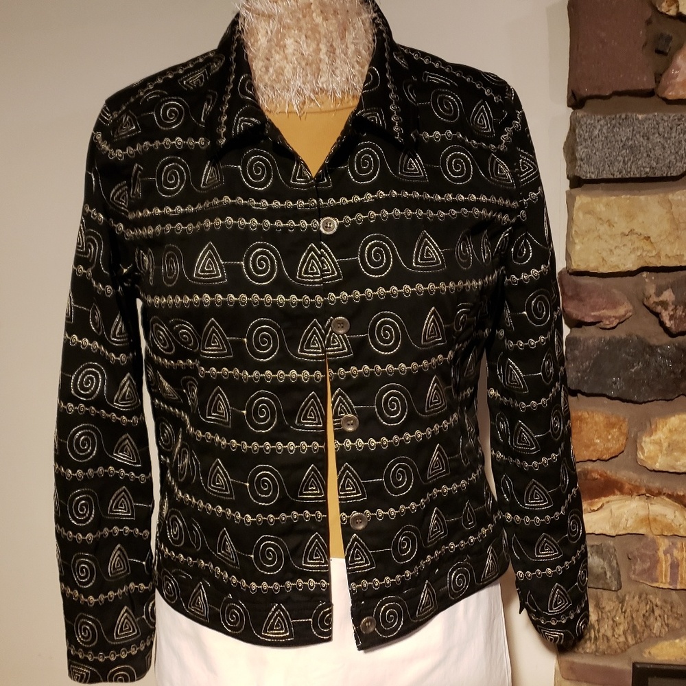Black Cotton Jacket with Decorative Stitching.